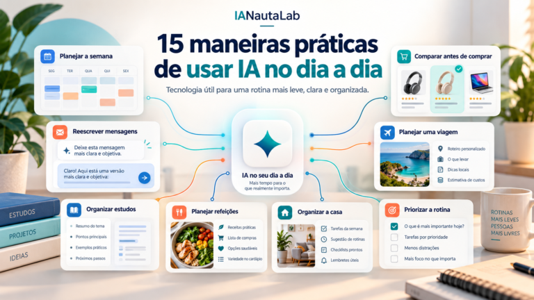 Ilustração de uma central de IA conectada a painéis de planejamento, mensagens, estudos, compras e outras tarefas cotidianas.