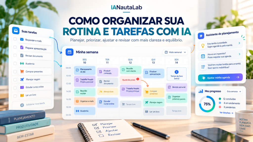 Ilustração de tarefas distribuídas em uma agenda semanal, com sugestões de planejamento e painel de progresso.