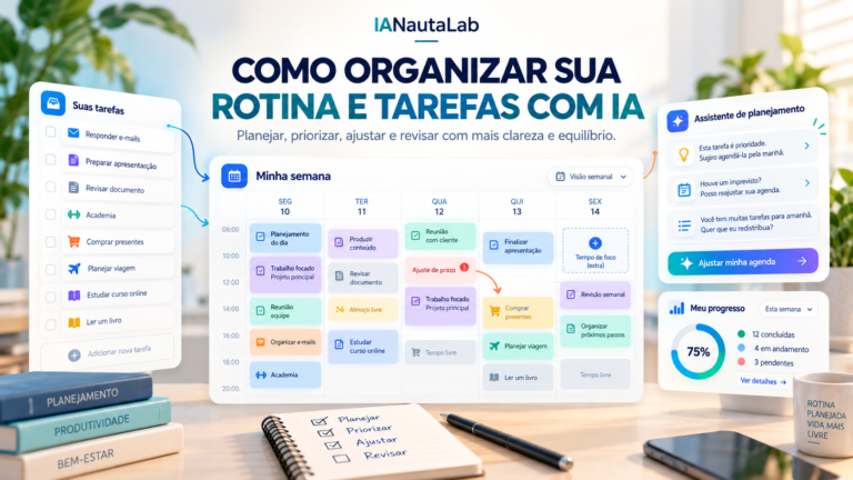 Ilustração de tarefas distribuídas em uma agenda semanal, com sugestões de planejamento e painel de progresso.
