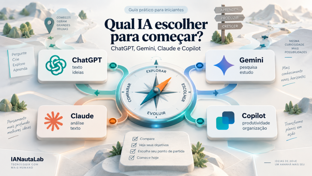 Bússola de decisão conectada a quatro cartões de ChatGPT, Gemini, Claude e Copilot, ilustrando a escolha de um assistente de IA.