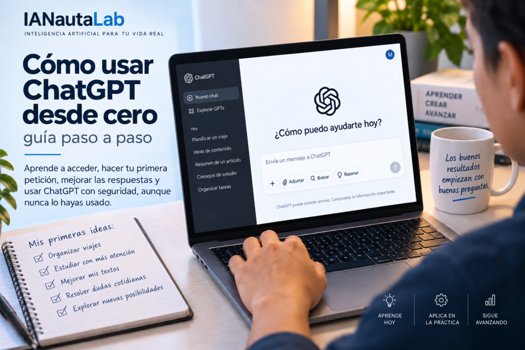 Una persona utiliza ChatGPT en un portátil junto a un cuaderno con ideas para empezar.
