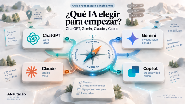 Una brújula rodeada de tarjetas de ChatGPT, Gemini, Claude y Copilot.