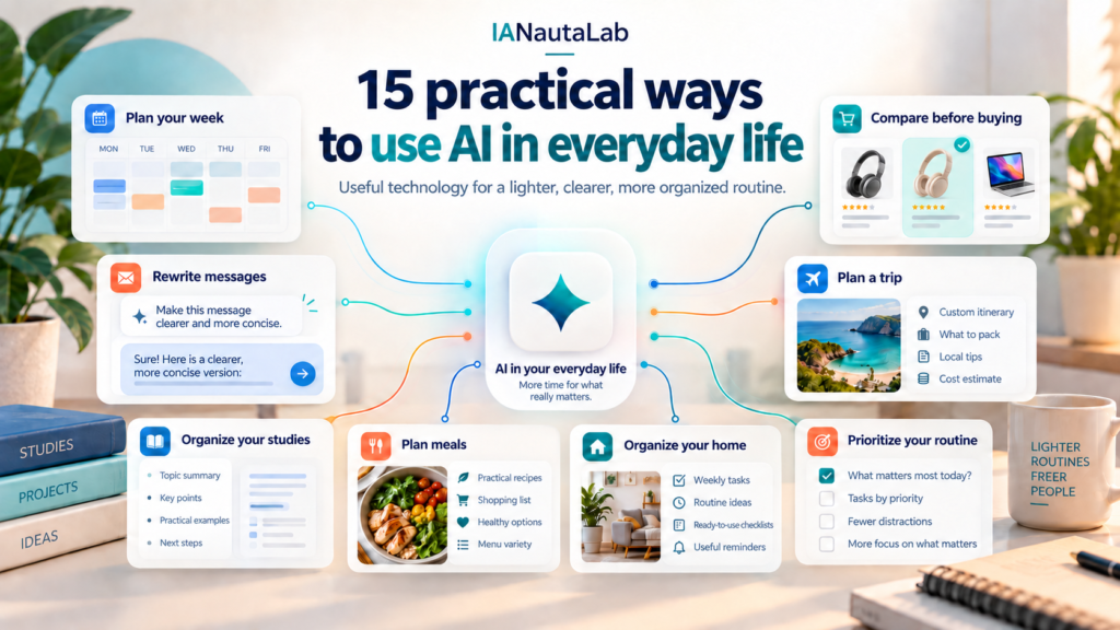 Cards showing everyday AI uses for planning, writing, shopping, travel, meals, studying, and home organization.