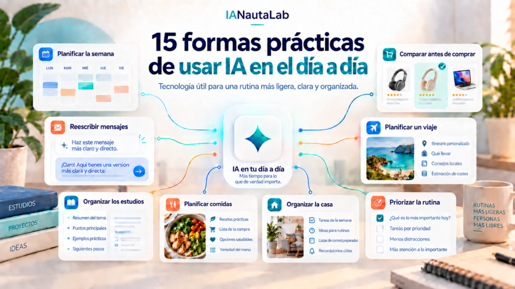 Tarjetas con usos cotidianos de la IA para planificar, escribir, comprar, viajar, cocinar, estudiar y organizar la casa.