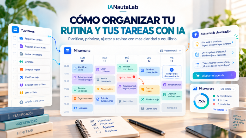 Un calendario semanal con tareas, un asistente de planificación y un panel de progreso sobre un escritorio.