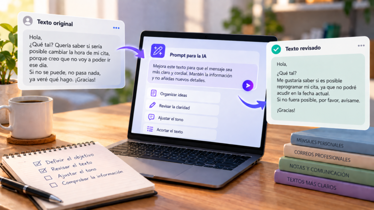Un portátil muestra un prompt para la IA entre un mensaje original y su versión revisada.