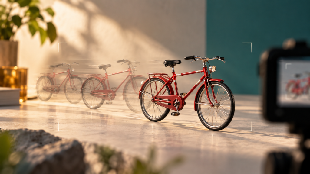 Bicicleta roja en una escena de vídeo, con posiciones sucesivas que sugieren movimiento creado a partir de un fotograma estático.