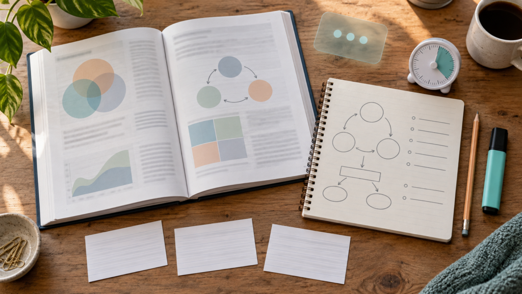 Study desk with an open book, a notebook, blank cards, and a timer, with discreet digital support.