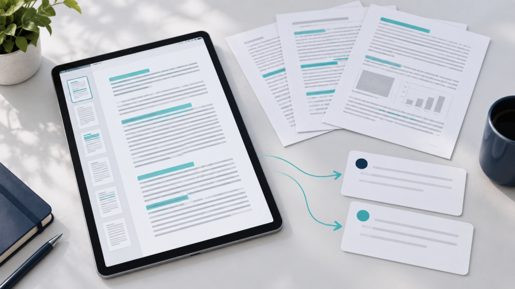 Tableta y documentos de estudio impresos con un diagrama y tarjetas de resumen sobre una mesa.