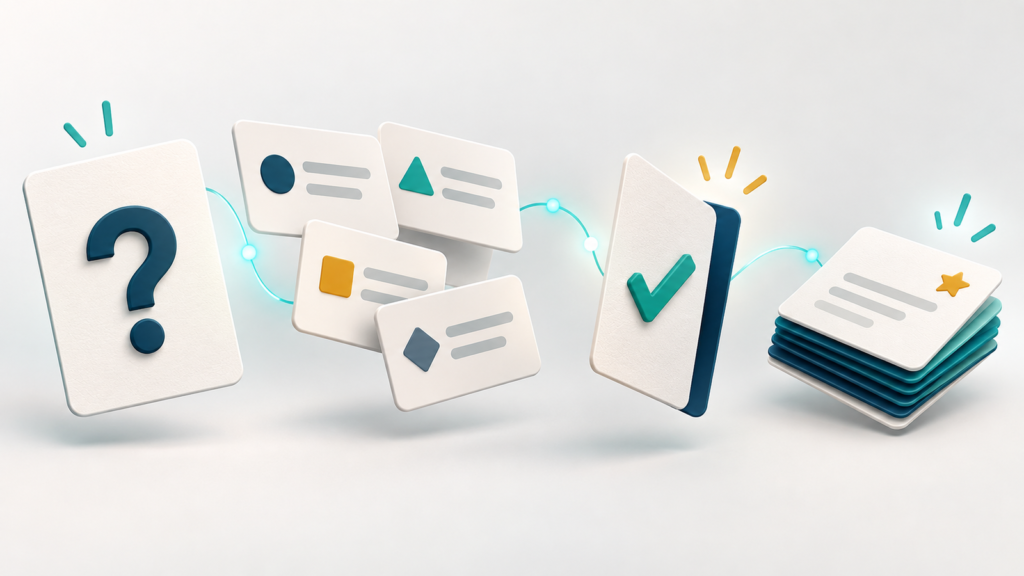 Tarjetas de estudio con interrogante, marca de verificación y diagramas sencillos organizadas para repasar.