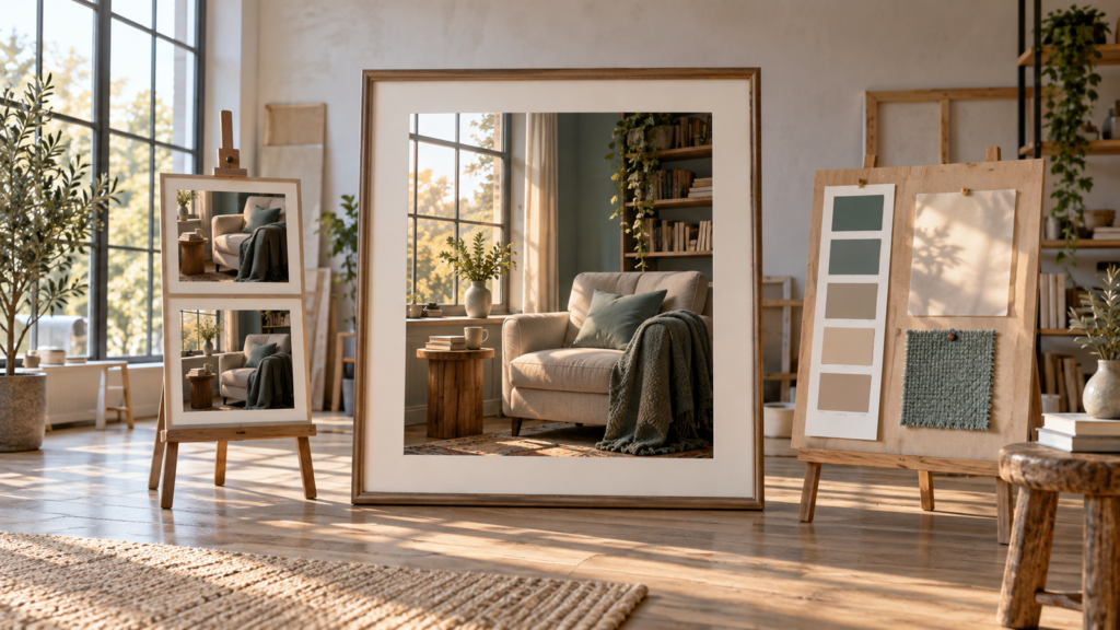 Creative workspace with framed reading-corner imagery, visual references, and a color palette.