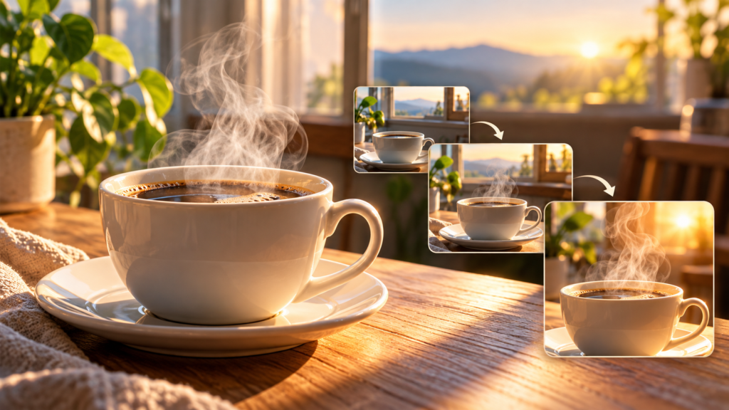 Coffee cup and rising steam shown across three video frames with arrows indicating a sequence.