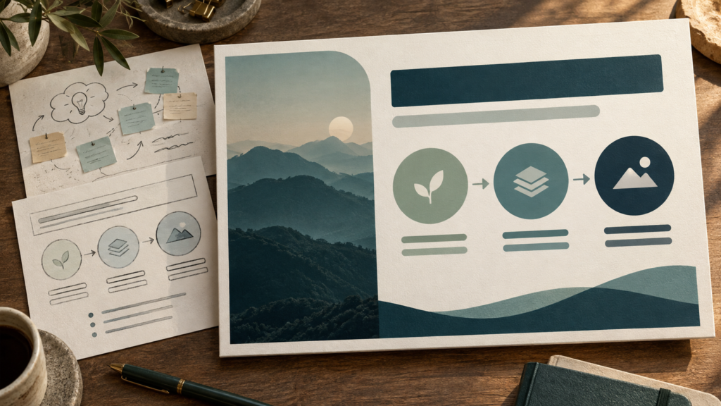 Presentation planning materials with a landscape image, slide mockups, and workflow notes.